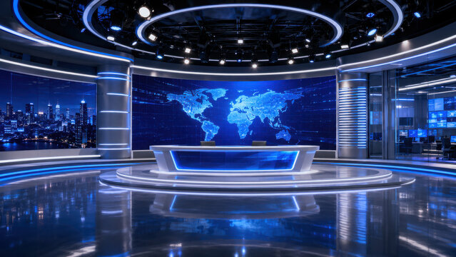 Modern television studio with blue and white lighting and a world map on screen  news broadcast set with sleek curved design and glowing accents