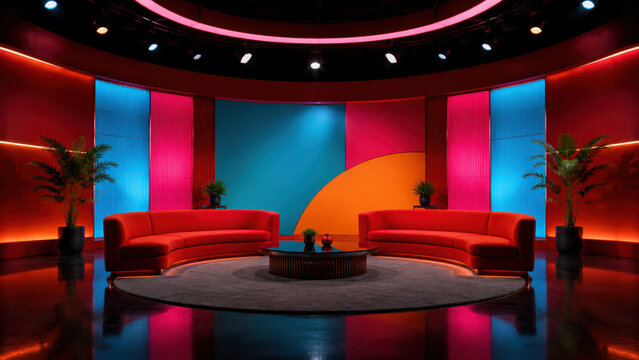 A brightly colored television studio set with two red couches facing each other, a coffee table, and plants