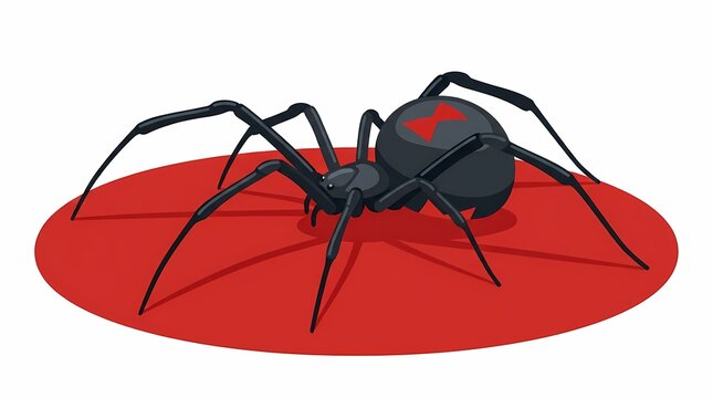 Black widow spider on a red circle background.