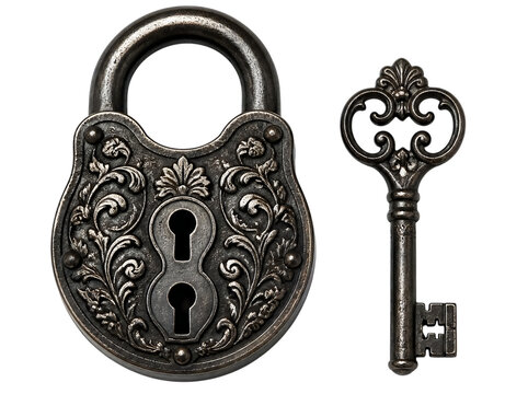 Black antique padlock with key isolated