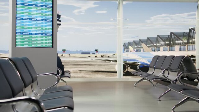 Empty airport lounge has a digital flight screen showing boarding times and gate numbers while rows of seats create a quiet waiting area with no people.