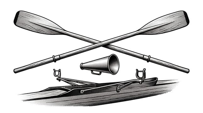 Rowing boat equipment with crossed oars and megaphone illustrated in vintage dot texture.