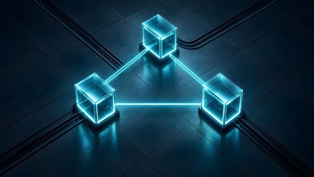 Futuristic glowing blue blockchain network concept featuring interconnected glass cubes illustrating decentralized digital data and smart contracts.