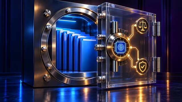 Heavy metallic bank vault door slightly open revealing glowing blue file folders inside representing secure data storage and advanced legal compliance protection.