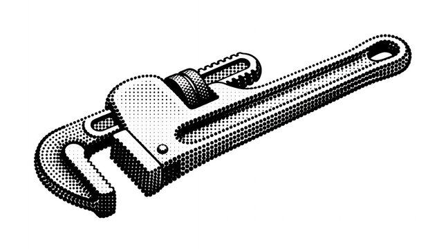 Pipe wrench industrial hand tool black and white halftone style for hardware repair work.