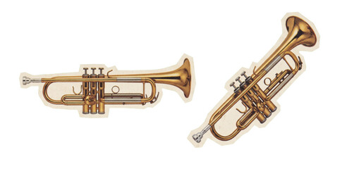 Fototapeta premium Detailed vector illustrations of classic golden trumpets in two different orientations for music design