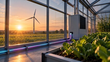 Fototapeta premium Modern greenhouse interior with climate control system powered by renewable wind energy via glowing neon cables sustainable agriculture