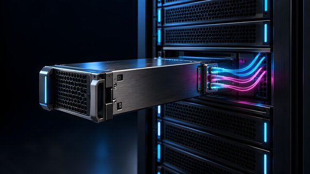 Hot swapping a network server blade connected with glowing neon fiber optic cables in modern data center rack