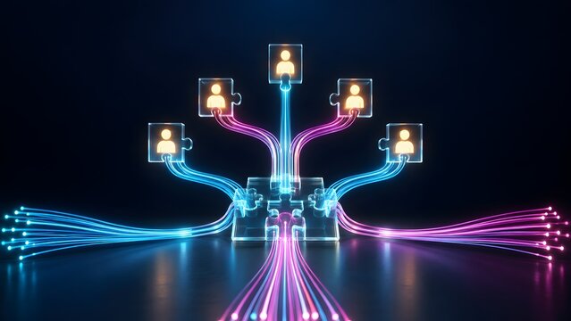 Conceptual digital organizational chart showing user profiles on glass puzzle pieces connected by glowing fiber optic cables to a central network hub.
