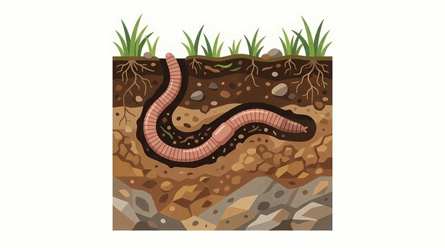 Cross section illustration of an earthworm burrowing underground.