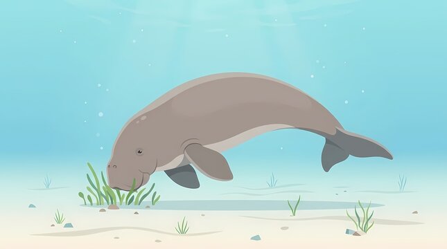 Cute cartoon dugong grazing on seagrass underwater.