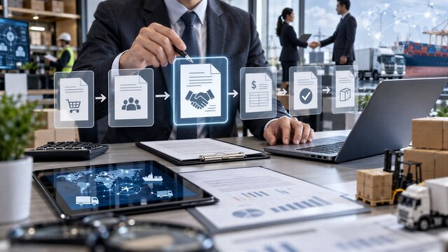 Businessman Managing Digital Procurement Process with Contract, Invoice, and Approval Documents for B2B Sourcing.
