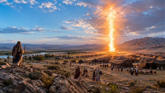 A majestic pillar of fire guides the Israelite camp through the ancient desert night, symbolizing divine protection during the Exodus.