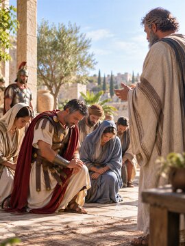 Cornelius and his household kneel in humility before Peter, a pivotal biblical conversion scene in the ancient Near East.