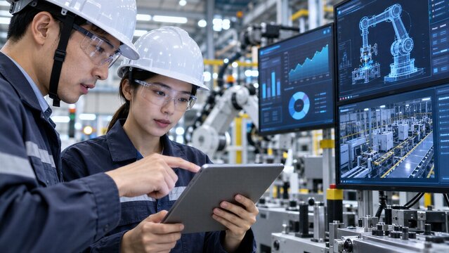 Two industrial engineers in safety helmets use a tablet to monitor digital dashboards on a factory floor, analyzing data and optimizing modern smart manufacturing processes.