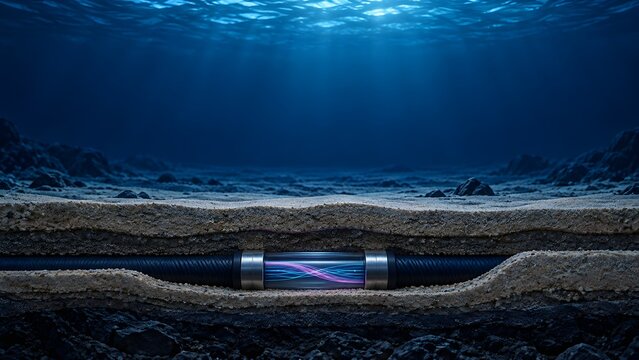 Buried submarine fiber optic cable in an underwater trench cross-section showing glowing data lines transmitting secure global broadband internet.
