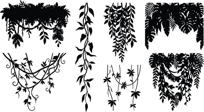 Set of black jungle lianas and tropical hanging vines silhouettes for design