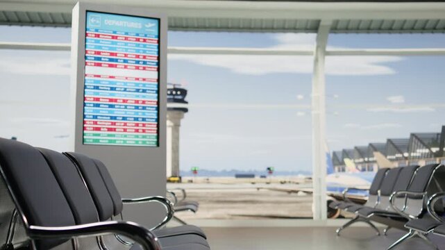 Airport terminal screen lists cancelled flights and delays with a no-departures alert while the empty lounge and shutdown departure area convey major air travel disruption and cancellation crisis.