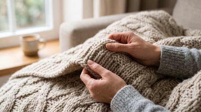 Person hands holding a warm knitted wool blanket while sitting by a bright window