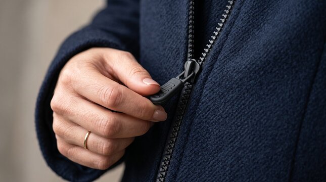 Close up of a person hand zipping up a dark blue wool coat with a metal zipper pull