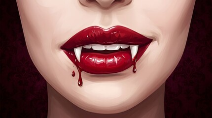 Obraz premium Gothic vampire mouth with red lipstick and white fangs on dark damask background for halloween.