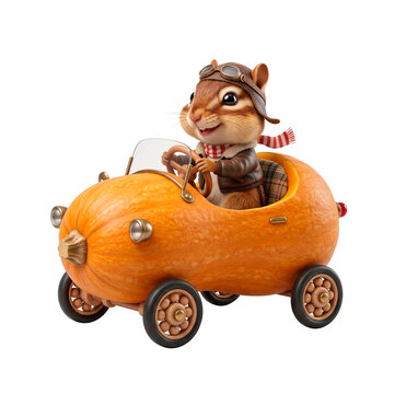 Cute chipmunk wearing aviator hat and scarf driving a pumpkin car in autumn PNG Isolated on transparent background