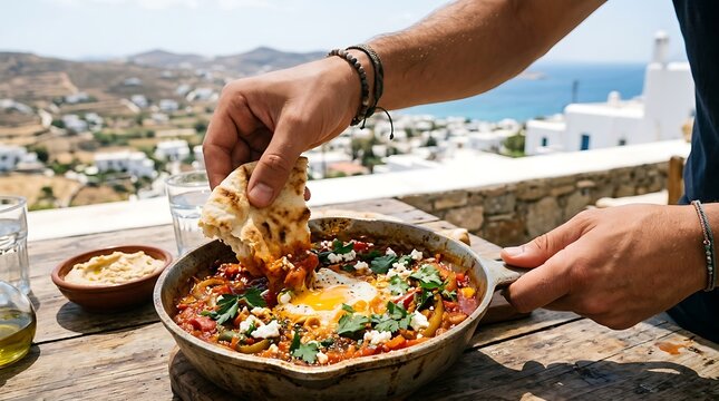 Fresh Rustic Sardinian Style Shakshuka with Bread and Ocean View