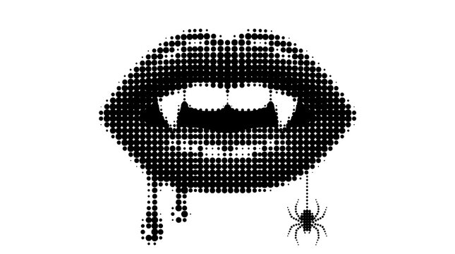 Vampire lips with sharp fangs and hanging spider halftone design for spooky halloween.
