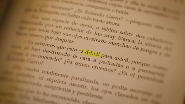 4K macro video of a person flipping pages of a Spanish book until landing on the yellow highlighted word 'dificil' under moody lighting.