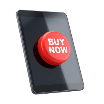 Digital tablet displaying a prominent red Buy Now button, symbolizing online shopping and e-commerce promotions like Black Friday deals PNG Isolated on transparent background