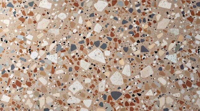 A modern seamless terrazzo marble flooring texture featuring a warm beige mineral base embedded with a sophisticated mix of natural stone aggregates, including granite, marble and quartz