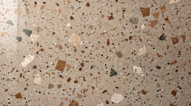 A modern terrazzo stone texture featuring a warm beige concrete base embedded with naturally scattered brown marble chips and refined granite aggregates