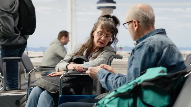 Woman with a disability travels with her older partner in an airport lounge as he assists with flight details, highlighting accessibility and inclusive travel.
