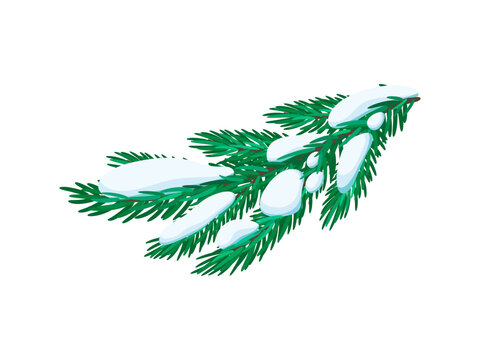 Christmas cartoon snowy spruce twig decoration. Merry Christmas holiday isolated object, Christmas festive cartoon vector decor element. Winter season sticker or happy New Year holiday decoration
