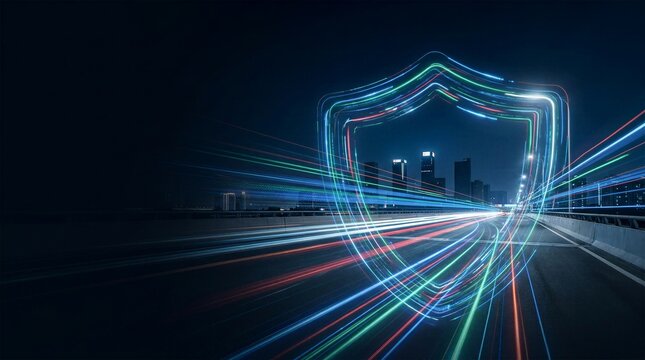 Glowing digital shield icon over night city highway light trails for cyber security concept.