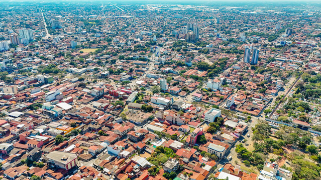 Aerial panorama of a very dense urban zone with continuous housing stretching to the horizon in Santa Cruz, Bolivia.