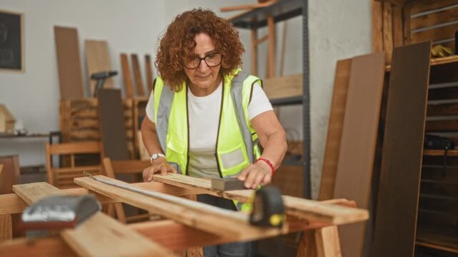 Woman carpenter with curly hair wearing hi vis vest measures and marks wood with tape measure while reaching forward over a workbench in studio; craftsmanship concentration.
