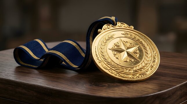 A gleaming gold medal with a star emblem, resting on a polished wooden surface, symbolizing achievement and victory