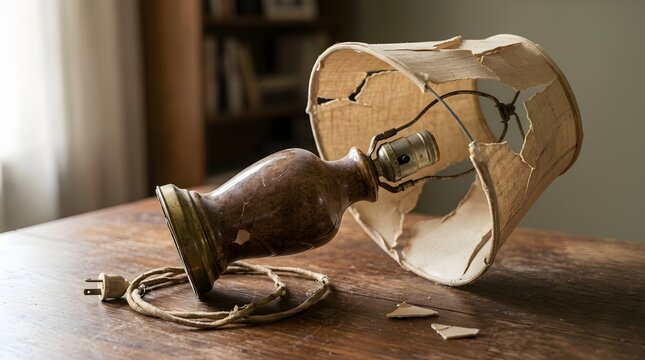 Broken lampshade on wooden table, symbolizing damage and neglect in home decor, a common household accident