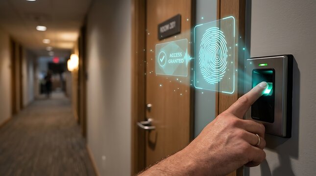 Person using biometric fingerprint scanner to unlock modern hotel door with digital hologram interface