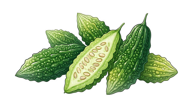 Fresh bitter melons with half slice showing seeds on transparent background isolated on white