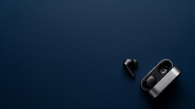 Premium wireless earbuds with open metallic charging case on elegant dark blue surface.