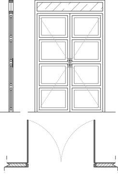 Technical CAD set of double doors showing front elevation with four panels per door, side profile, plan view with swing pattern, and frame threshold details.