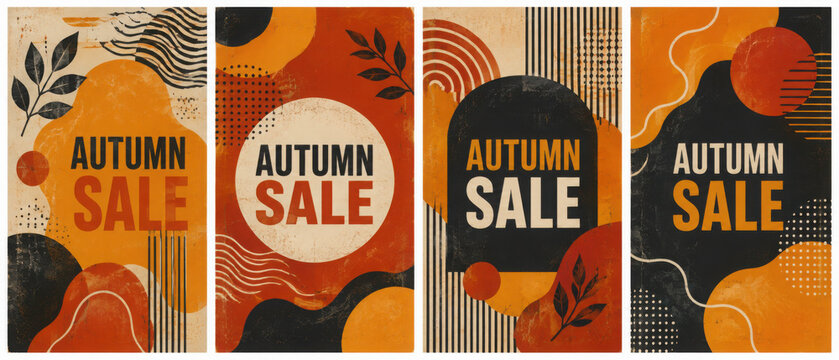 Set Autumn Design with Graphic Memphis Element. Modern Abstract Background Patterns in Retro Style for Advertising, Web, Social Media, Poster, Banner, Cover. Sale offer 50%. Vector Illustration