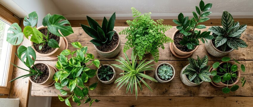 Assortment Of Potted Houseplants On Rustic Wooden Shelf