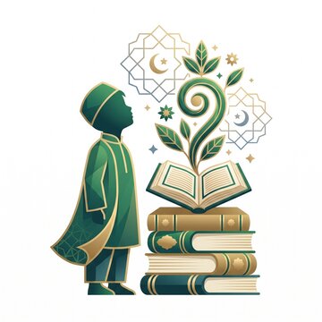 Islamic Education Concept Illustration of a Muslim Boy Studying with Quran and Stack of Books
