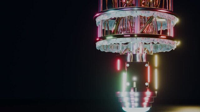 Low angle tracking sweep past radiant ruby crystal core emitter inside dark chamber.