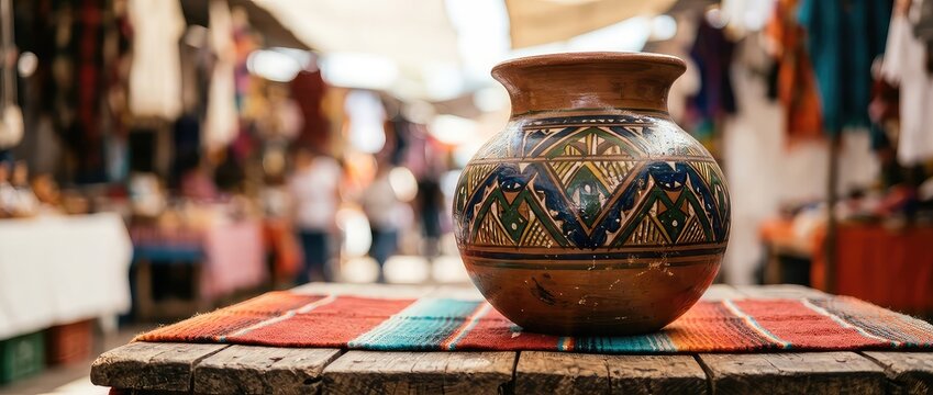 Colorful Mexican Pottery Jar On A Woven Mat At Outdoor Market