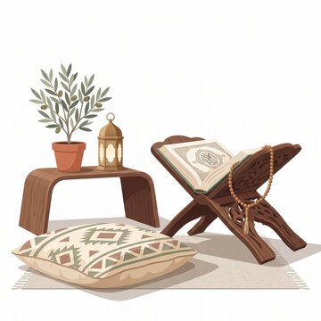 Holy Quran on Wooden Rehal with Lantern Tasbih and Olive Plant Illustration