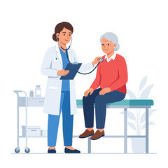 Fototapeta premium Doctor Examining Senior Woman with Stethoscope in Clinic - Healthcare and Medical Concept Illustration